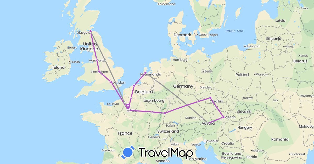 TravelMap itinerary: driving, plane, train in Austria, Belgium, Czech Republic, France, United Kingdom, Netherlands (Europe)